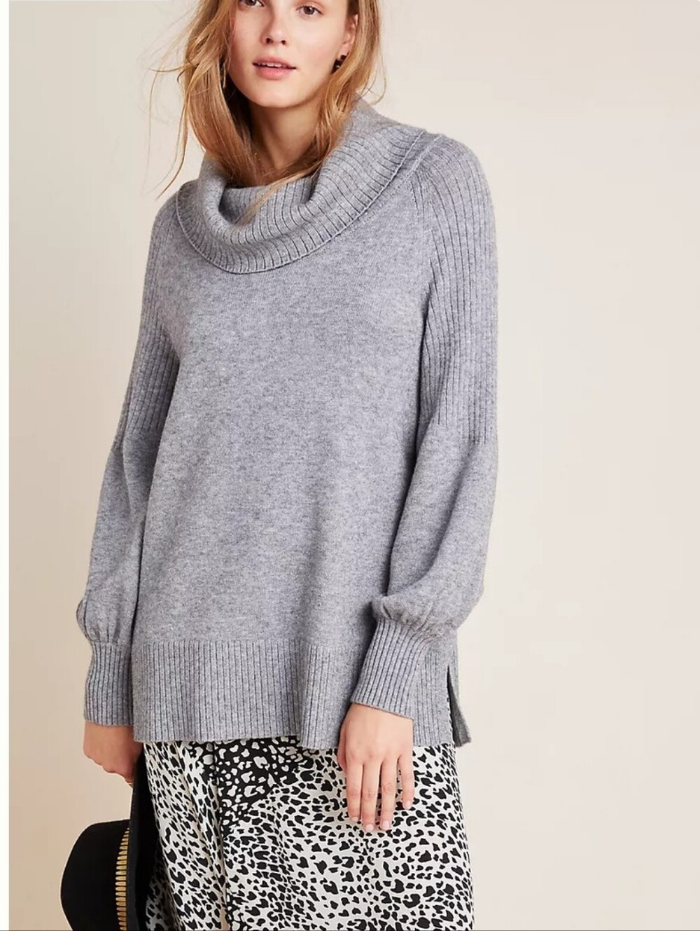 Anthropologie Paloma Knit Tunic Gray Small Cowl Neck Puffed Sleeve Oversized Fit